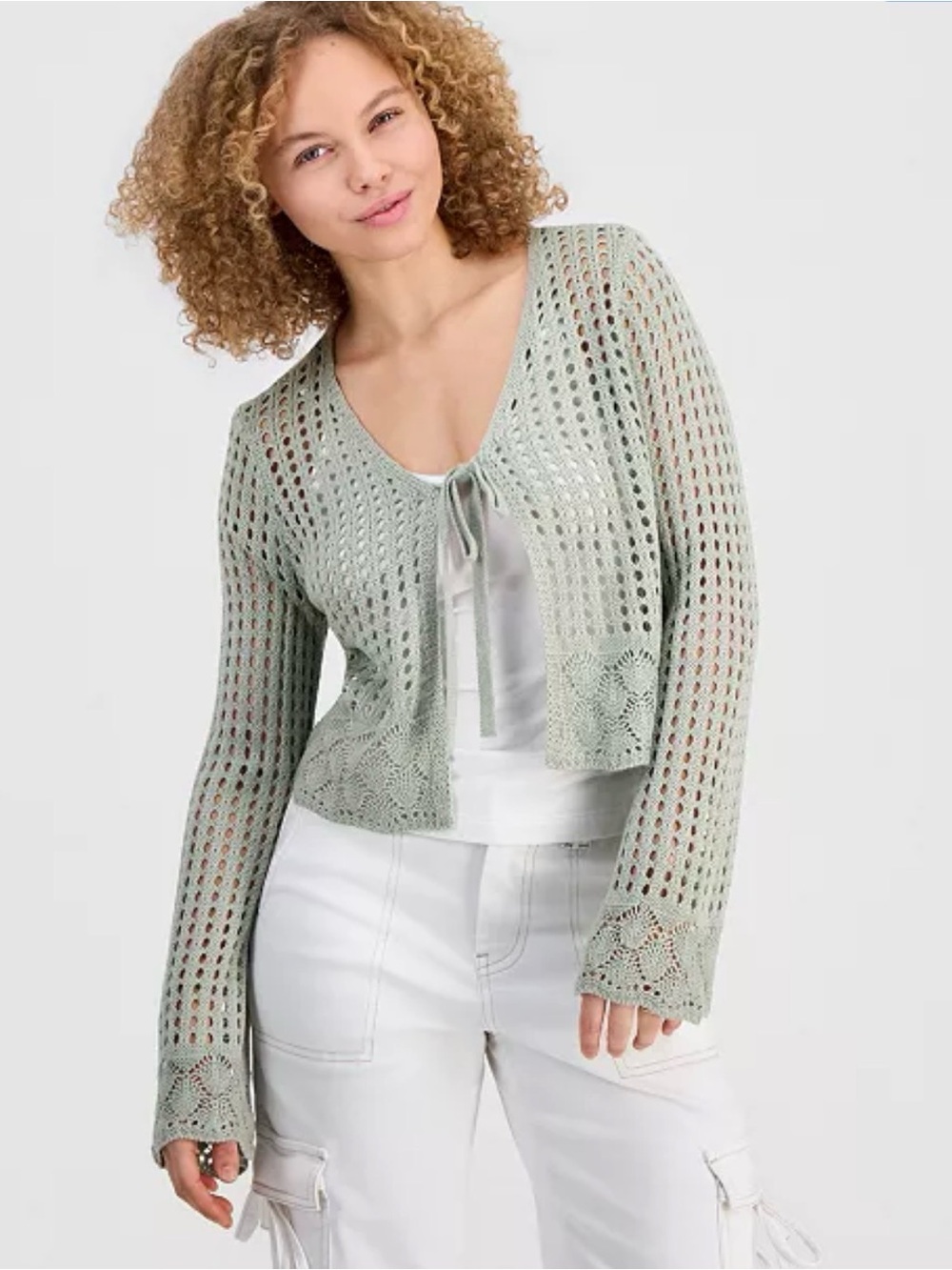 Hooked Up Tie Front Open Knit Cropped Cardigan Size XL Sage Green Boho Beachy